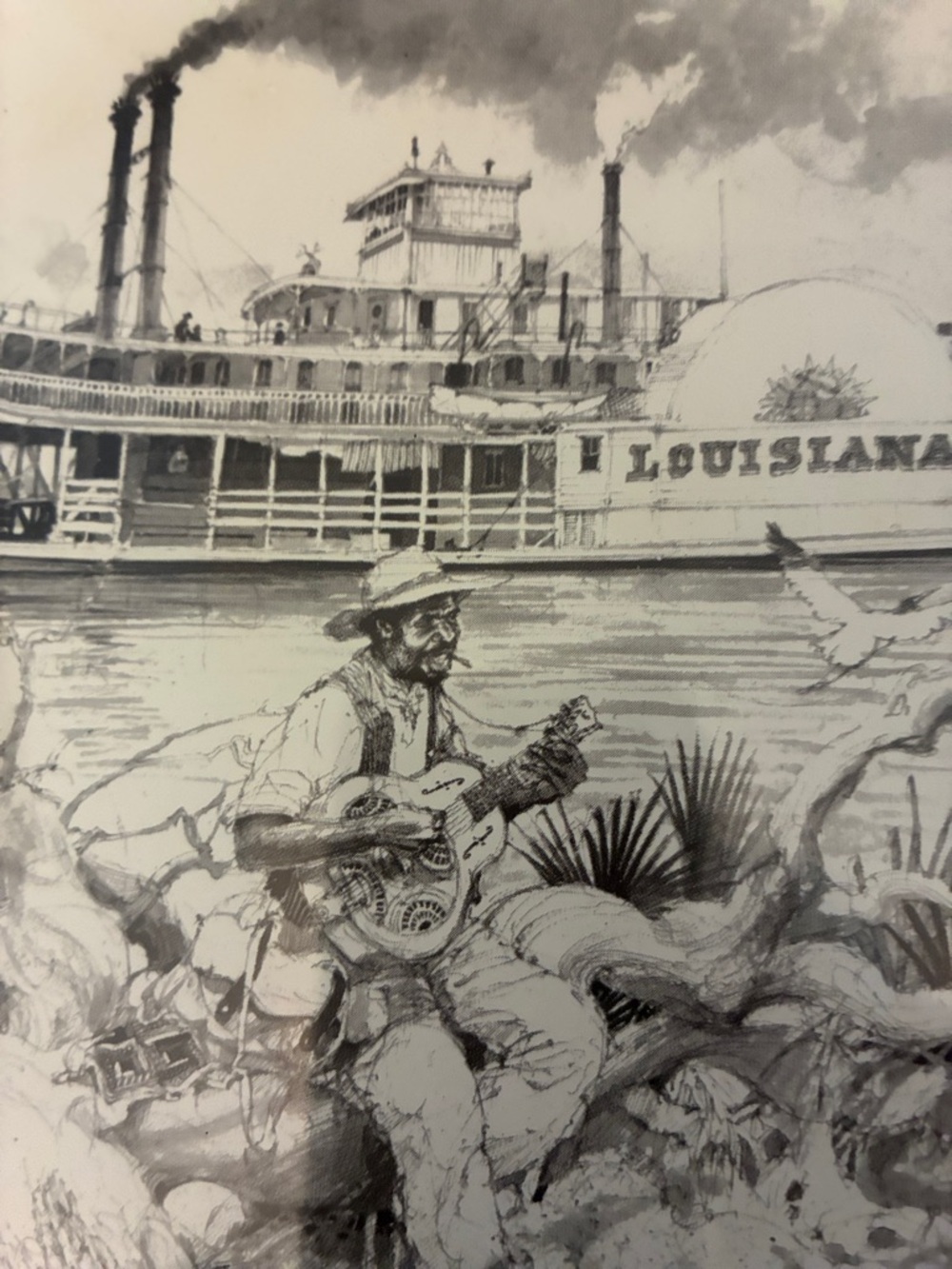 Vintage Black Matted Louisiana Riverboat Pen & Ink Drawing.Lithograph